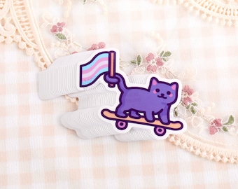 Cute Trans Pride Sticker | Trans Flag Cat on Skateboard | Cute Cat Meme | Waterproof Vinyl Sticker with Trans Flag | Pride Month