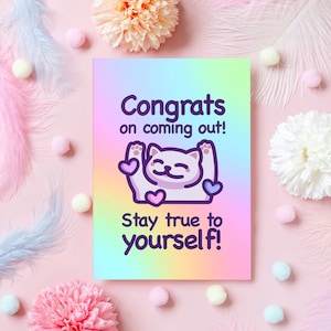 Felicitaciones por salir del armario/¡Mantente fiel a ti mismo! / Regalo saludable del Mes del Orgullo LGBTQ+ / Tarjeta de felicitación en blanco con un arcoíris y un gato