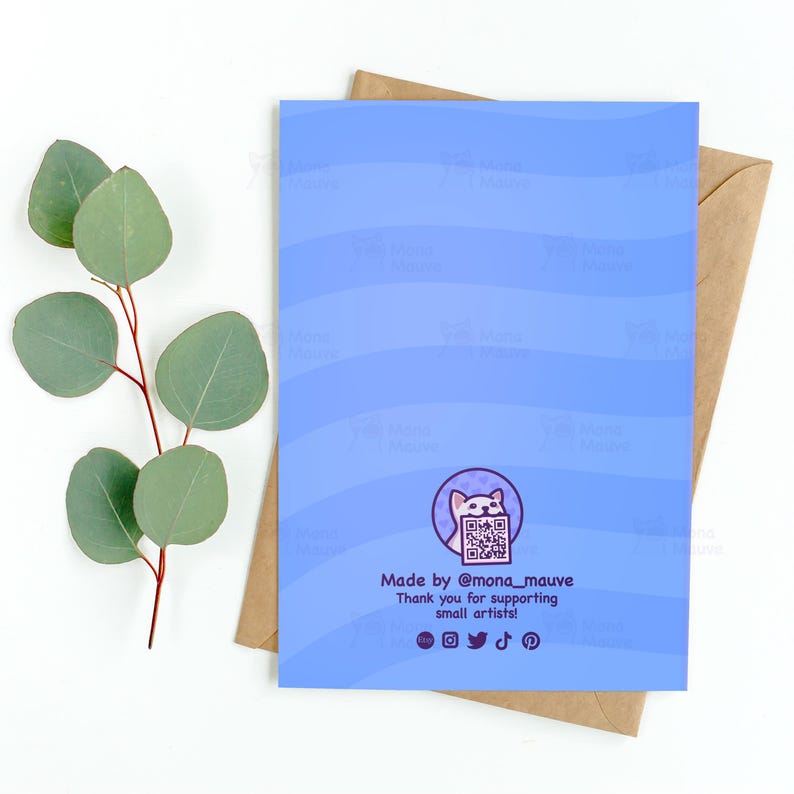 May include: Blue card with a white cat holding a QR code. The text reads "Made by @mona_mauve Thank you for supporting small artists!" with social media icons below.