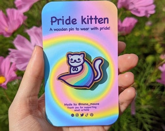 Cute Pride Kitten Wooden Pin | LGBTQ+ Flag Badge | 40mm Badge with Butterfly Clutch | Cat Meme | Ally, Gay, Lesbian, Trans, Bi, Pan Gift