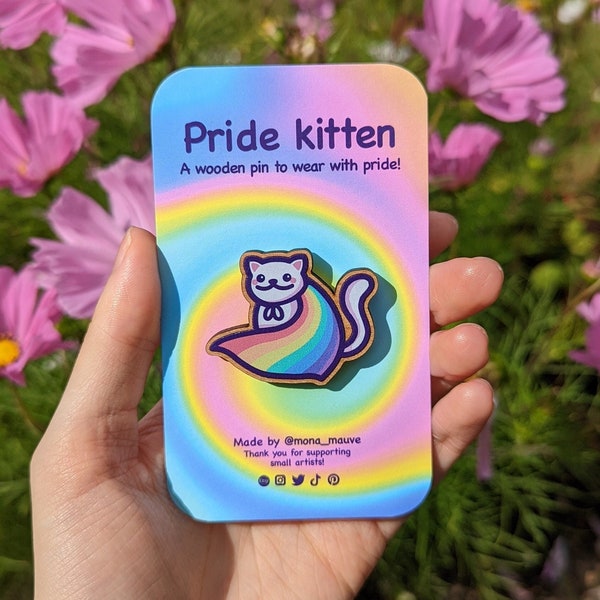 Cute Pride Kitten Wooden Pin | LGBTQ+ Flag Badge | 40mm Badge with Butterfly Clutch | Cat Meme | Ally, Gay, Lesbian, Trans, Bi, Pan Gift