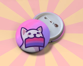 Bisexual Pride Button Badge | Cute Cat Holding a Bi Pride Flag | LGBTQ+ Pride | Gift for Pride Month and Coming Out