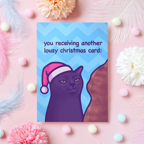 Carte de Noël drôle de mème de chat | Zonage du chat noir | Cadeau de Noël « moche » pour petit ami, petite amie, frère, sœur – elle ou lui