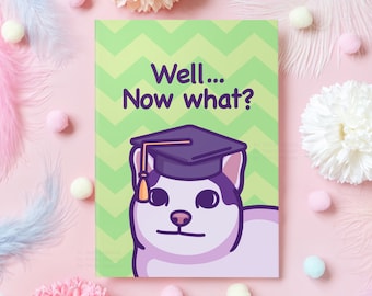 Funny Cat Graduation Card | Well, Now What? | Meme Gift for School or University Graduation | End of School Congratulations - Her or Him