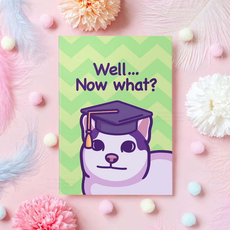 Funny Cat Graduation Card Well, Now What Meme Gift for School or University Graduation End of School Congratulations Her or Him image 1