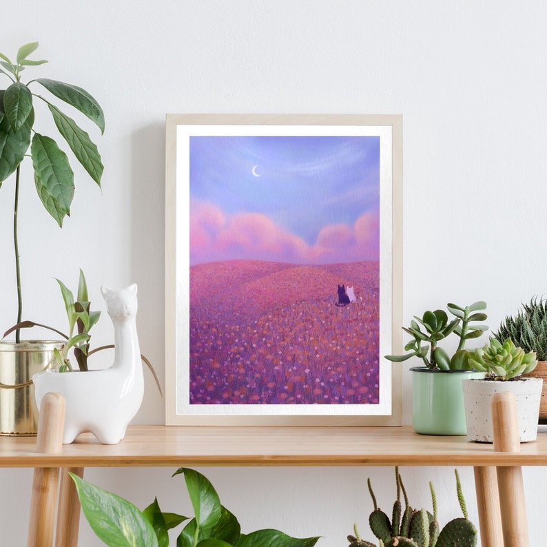 Cute Cat Art Print | Flowers & Nature Landscape Poster | Pastel Pink and Purple Scenery Wall Decor | Original Artwork by Mona Mauve image 1