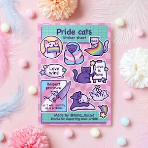 LGBTQ+ Pride Cats Sticker Sheet | 10 Cute Vinyl Sticker Set | Love is Love, Trans Pride, Love Wins, Respect Pronouns | Waterproof Stickers