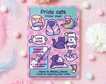 LGBTQ+ Pride Cats Sticker Sheet | 10 Cute Vinyl Sticker Set | Love is Love, Trans Pride, Love Wins, Respect Pronouns | Waterproof Stickers