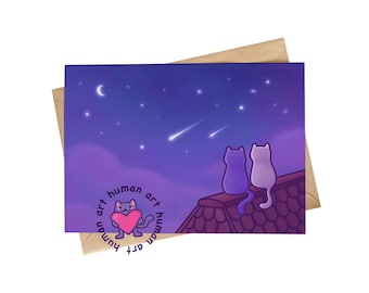 Cute Cat Anniversary Card | Shooting Stars | Romantic Cat Illustration Card