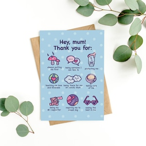 May include: A light blue card with white polka dots and the text "Hey, mum! Thank you for:"  The card features nine illustrated icons with text describing different reasons to thank a mother.