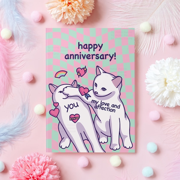 Carte d’anniversaire drôle | Mème de chat | Joyeux anniversaire de mariage ou de rencontre ! | Joli cadeau pour mari, femme, petit ami, petite amie – elle ou lui.