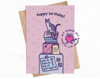 May include: A pink birthday greeting card with white polka dots featuring a cat sitting on a stack of boxes and a refrigerator. The card includes the text happy birthday, have a great day, and cake up there so the cat can't reach it.