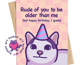 May include: A birthday card with a cartoon dog wearing a party hat. The card has the text "Rude of you to be older than me (but happy birthday, I guess)". The card is on a pink checkered background and comes with a brown envelope.
