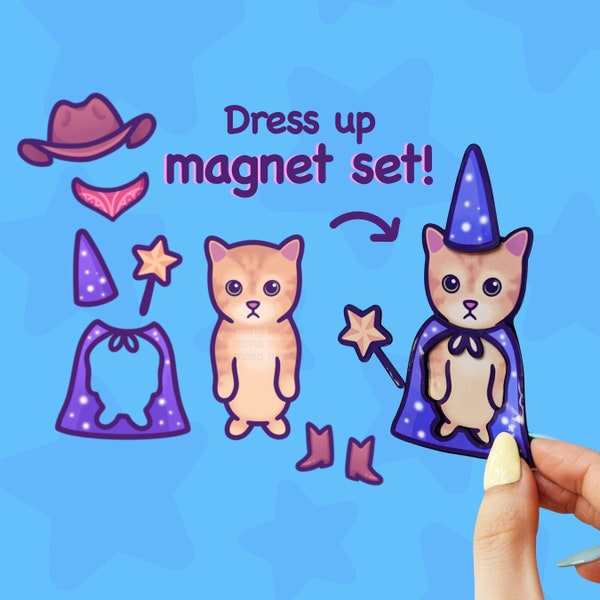 Lustiges Katzen-Kühlschrankmagnet-Set | Anzieh Spiel | El Gato & 6 Outfits | Süße Katze Meme | Einzigartiges Geburtstagsgeschenk | Personalisiert!