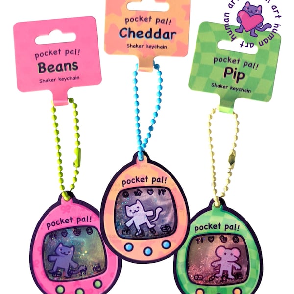 Llavero agitador Pocket Pals / Llavero de gato mascota virtual / Charm acrílico con purpurina