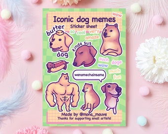 Iconic Dog Memes Sticker Sheet | 18 Cute & Funny Recyclable Paper Stickers | Doge, Butter Dog, Cheems, Swole Doge, Sus Dog... | A5