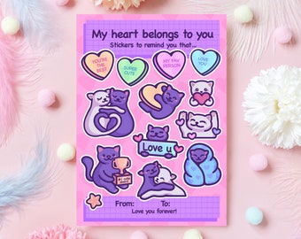 Anniversary Sticker Sheet | 13 Cute Cat Paper Stickers | My Heart Belongs to You | Cute Gift for Boyfriend, Husband, Wife - Her or Him