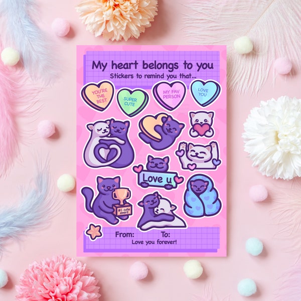 Anniversary Sticker Sheet | 13 Cute Cat Paper Stickers | My Heart Belongs to You | Cute Gift for Boyfriend, Husband, Wife - Her or Him
