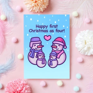 Premier Noël en quatre cartes | Joyeux premier Noël ! | Carte mignonne de bonhomme de neige | Cadeau sain pour une famille de quatre personnes | Nouvelle carte de Noël pour bébé