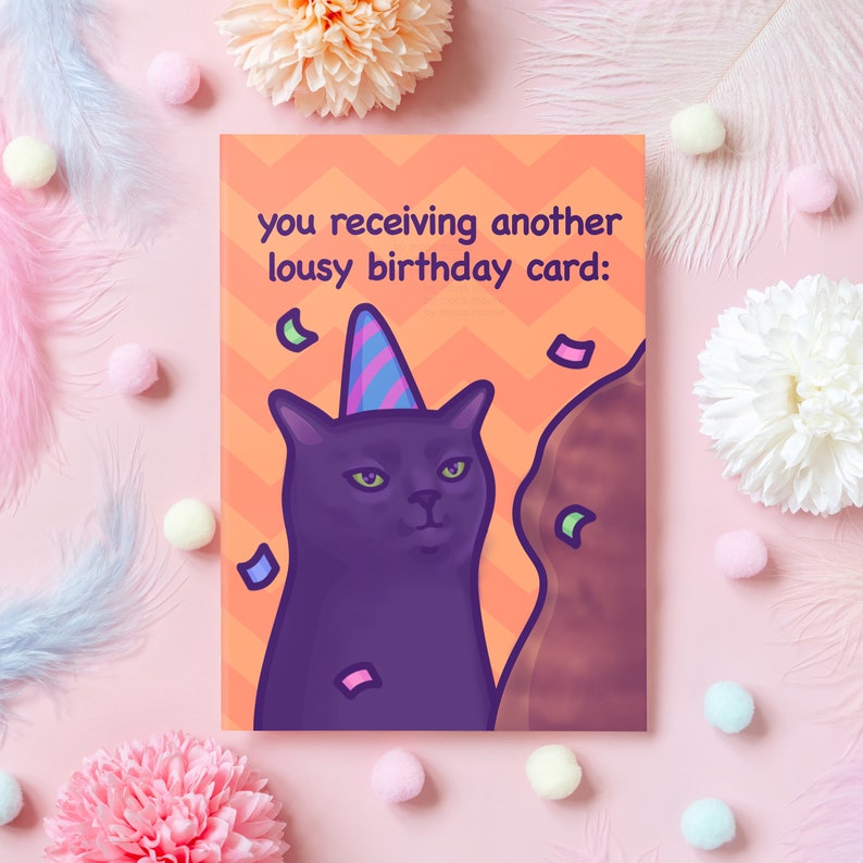 Funny Cat Meme Birthday Card Black Cat Zoning Out Lousy Birthday Gift for Boyfriend, Girlfriend, Husband, Wife Her or Him image 1