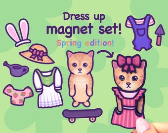 Funny Cat Fridge Magnet Set | Dress Up Game | El Gato Meme & 6 Cute Outfits | Spring Edition | Unique Birthday Gift | Personalised!