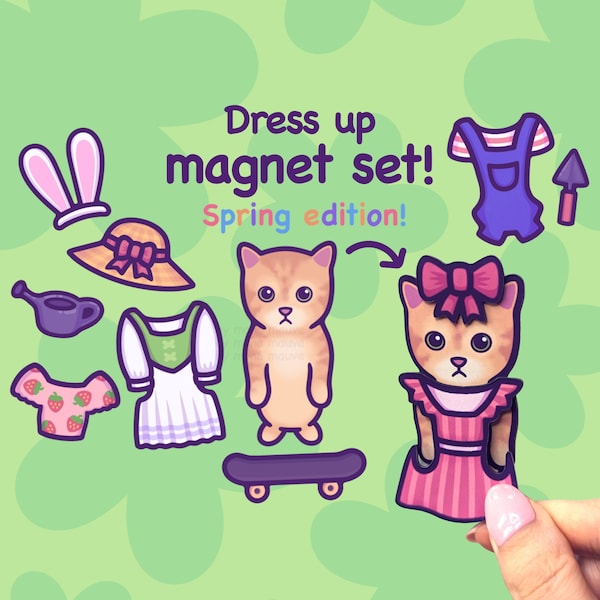 Funny Cat Fridge Magnet Set | Dress Up Game | El Gato Meme & 6 Cute Outfits | Spring Edition | Unique Birthday Gift | Personalised!