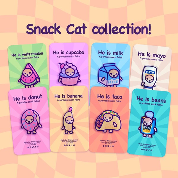 Snack Cat Pin Set | Mix & Match! | 40mm Acrylic Badge Butterfly Clutch | Cute Cat Meme Gift | Funny Badges for Bag, Tote, Jacket, Beanie