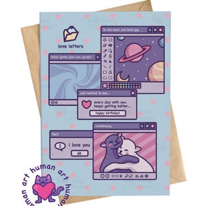 May include: A light blue greeting card with a brown envelope. The card features a retro computer interface design with various text boxes and illustrations, including a space scene and hugging cartoon characters. Text includes "love letters" and "happy birthday!"