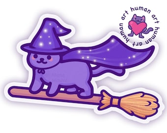 Adesivo gatto strega carino / Gatto di Halloween su una scopa / Adesivo in vinile impermeabile Kawaii