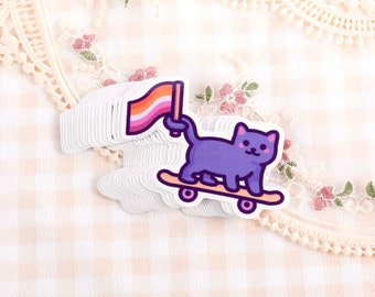 Cute Lesbian Pride Sticker | Cat on Skateboard with Lesbian Flag | Waterproof Vinyl Sticker for Laptop, Phone, Car Bumper | Pride Month Gift