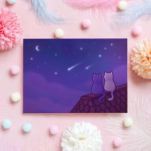 d'anniversaire d'étoiles filantes | Illustration de chat mignon par Mona Mauve | Cadeau pour mari, femme, petit ami, petite amie, partenaire, elle, lui