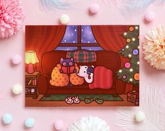 Cute Cat Christmas Card | Cosy & Wholesome Festive Illustration | Gift for Boyfriend, Husband, Girlfriend, Wife, Mom, Sister - Her or Him