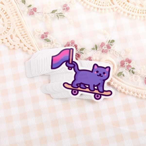 Cute Bisexual Pride Sticker | Cat on Skateboard with Bi Flag | Waterproof Vinyl Sticker for Laptop, Phone, Car Bumper | Pride Month Gift