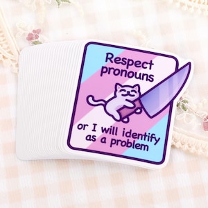 Funny Respect Pronouns Cat Meme Sticker - Trans Pride Vinyl Decal