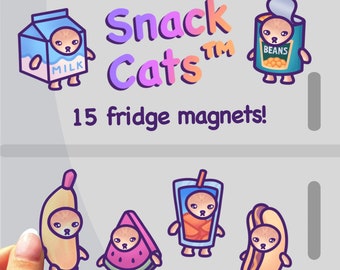 Funny Cat Fridge Magnet Set | Snack Cats by Mona Mauve | Unique Cat Meme Gift for Birthdays or Just Because | Banana, Watermelon, Milk Cat