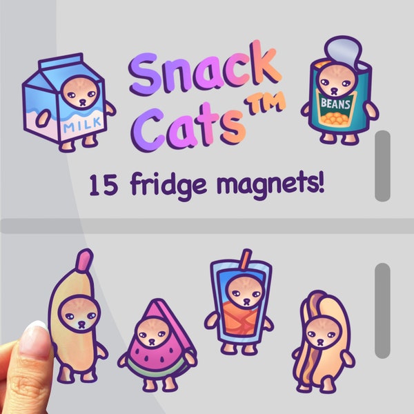 Ensemble d'aimants de réfrigérateur drôle de chat | Snack Cats de Mona Mauve | Cadeau unique Cat Meme pour les anniversaires ou juste parce que | Banane, pastèque, chat de lait