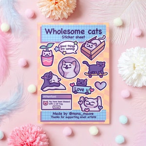 Wholesome Cats Vinyl Sticker Sheet | 10 Cute Stickers | Good Things Are Coming, Love You, Cat Hugs! | Kawaii Waterproof Sticker Bundle