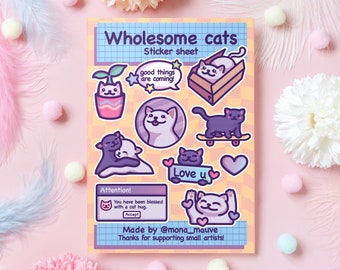 Wholesome Cats Vinyl Sticker Sheet | 10 Cute Stickers | Good Things Are Coming, Love You, Cat Hugs! | Kawaii Waterproof Sticker Bundle