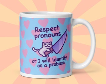 Respect Pronouns Mug | Trans, Gender Fluid & Non-Binary Pride | Cute Cat Meme | Funny Ceramic Mug with Trans Flag