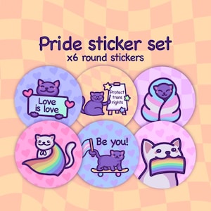 Juego de pegatinas redondas de Pride Cat / Paquete de pegatinas LGBTQ / Orgullo gay, lésbico y trans, Sé tú mismo, El amor es amor... / Bonitas etiquetas circulares de 63,5 mm