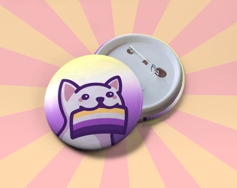 Non-Binary Pride Button Badge | Cute Cat Holding an Enby Pride Flag | LGBTQ+ Pride | Gift for Pride Month or Coming Out