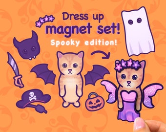 Halloween Cat Fridge Magnet Set - Spooky Edition | Dress Up Game | El Gato & 6 Costumes | Unique Birthday/Just Because Gift | Personalised!