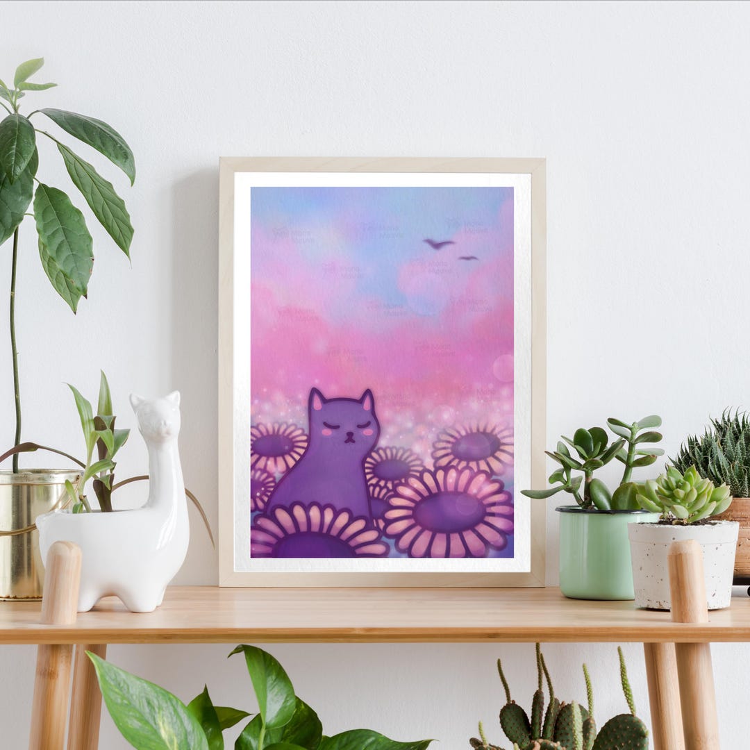 Cute Cat Art Print | Flowers & Nature Landscape Poster | Pastel Pink ...