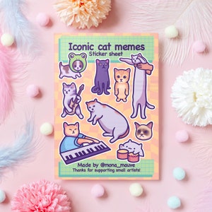 Iconisch stickervel kattenmemes | 9 grappige en schattige vinylstickers | Longcat, Keyboard Cat, Grumpy Cat, Bongo Cat, El Gato | Waterdichte stickers