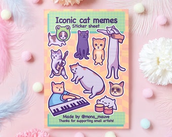 Iconic Cat Memes Sticker Sheet | 9 Funny & Cute Vinyl Stickers | Longcat, Keyboard Cat, Grumpy Cat, Bongo Cat, El Gato | Waterproof Stickers