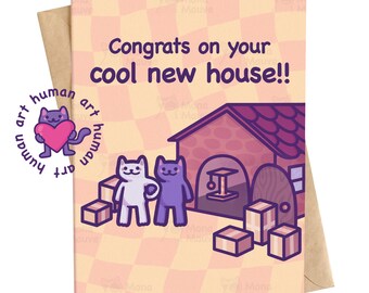 Tarjeta divertida de inauguración de casa con un gato, ¡Felicidades por tu nuevo hogar!, Tarjeta de felicitación con meme de gato para casa nueva.