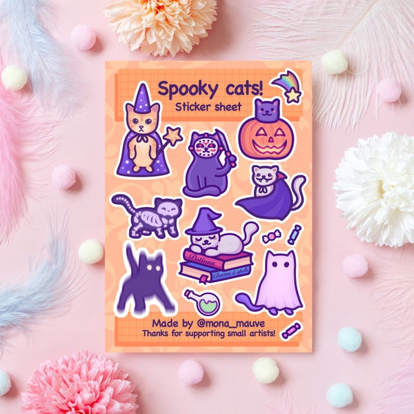 Cute Cat Halloween Sticker Sheet | 13 Spooky Stickers | Pumpkin, Wizard, Vampire, Ghost, Witch, Jason, Skeleton Cats | Fall Sticker Set | A5