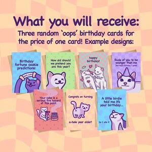 May include: Six illustrated birthday cards featuring cats and humorous messages. The cards have a pink, blue, green, and brown color scheme.