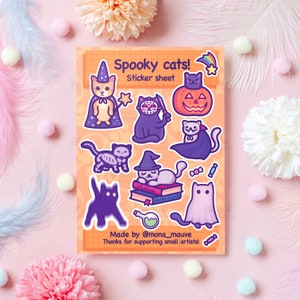 Cute Cat Halloween Sticker Sheet | 13 Vinyl Stickers | Pumpkin, Wizard, Vampire, Ghost, Witch, Jason, Skeleton Cats | Fall Sticker Set | A5