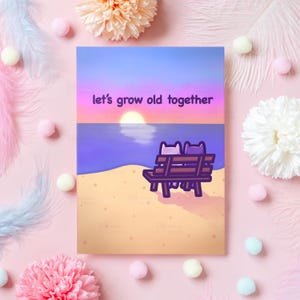 Carte d'anniversaire mignonne | Illustration de chat au coucher du soleil | Vieillions ensemble | Cadeau pour mari, femme, petit ami, petite amie, elle, lui
